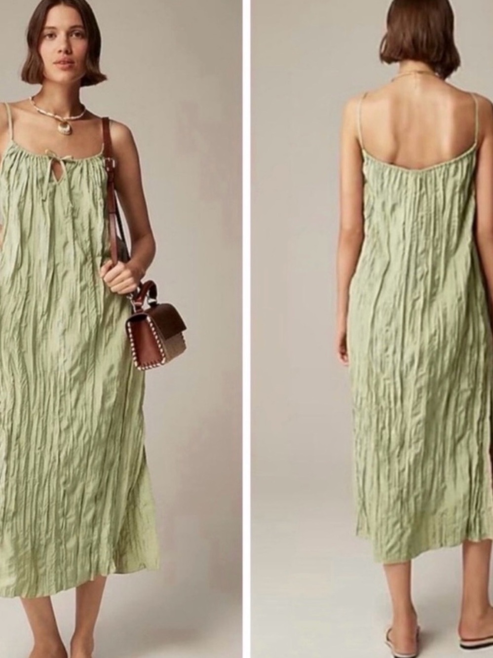 J. Crew Light Green Crinkle Slip Midi Dress XL